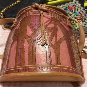 Handcrafted Pink and Tan Leather Bucket Bag